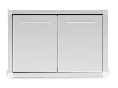 Front view of Broil King 800200 premium stainless steel double access doors for outdoor kitchen islands, featuring sleek horizontal handles and a flush-mount frame.