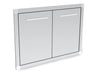 Perspective view of Broil King built-in double storage doors in brushed stainless steel, showing the durable construction and modern design for custom BBQ islands.