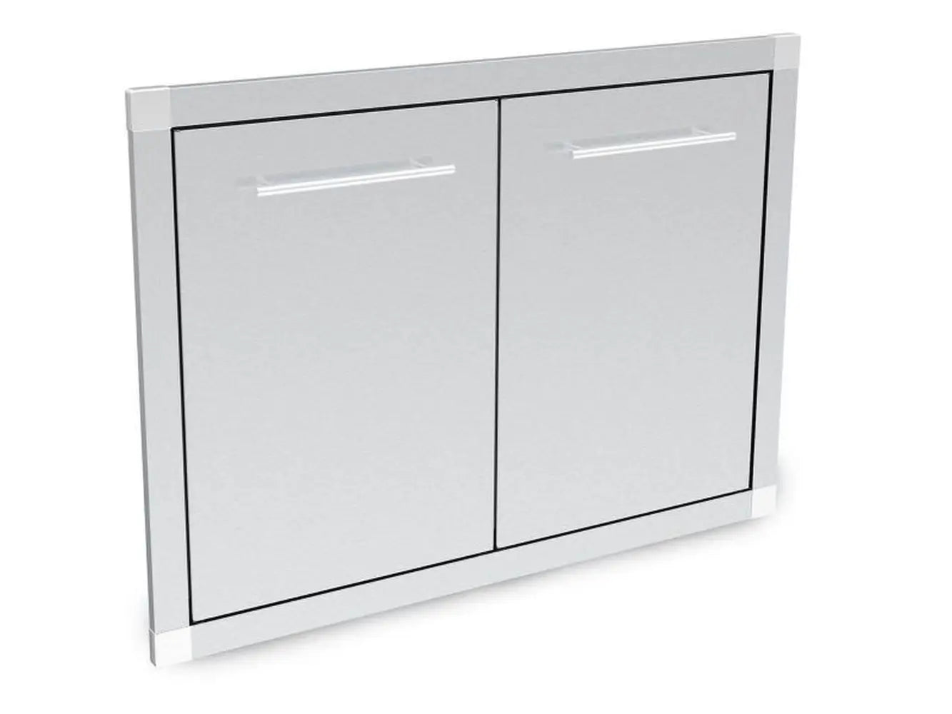 Perspective view of Broil King built-in double storage doors in brushed stainless steel, showing the durable construction and modern design for custom BBQ islands.