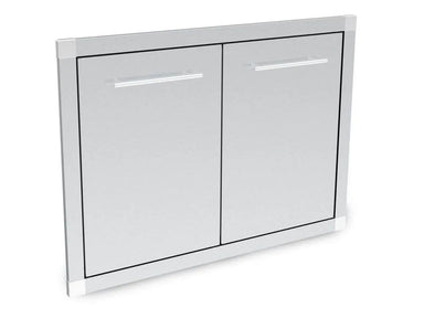 Perspective view of Broil King built-in double storage doors in brushed stainless steel, showing the durable construction and modern design for custom BBQ islands.