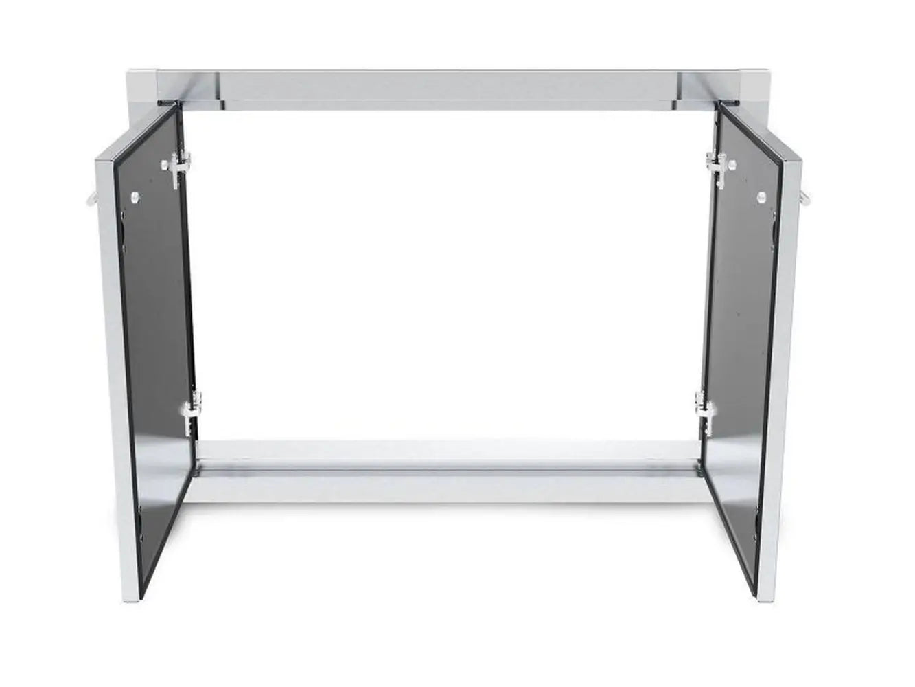 Open view of Broil King 800200 double stainless steel doors revealing the interior mounting frame and heavy-duty hinges for outdoor cabinet storage.