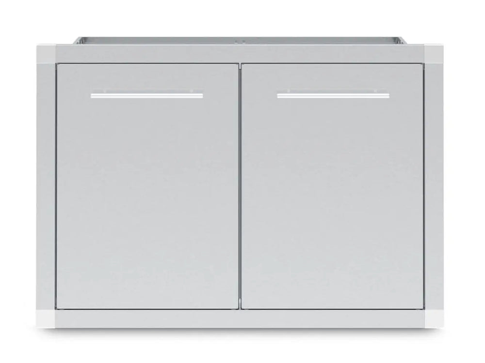 Front view of the Broil King 800210 premium stainless steel double door outdoor kitchen cabinet closed.