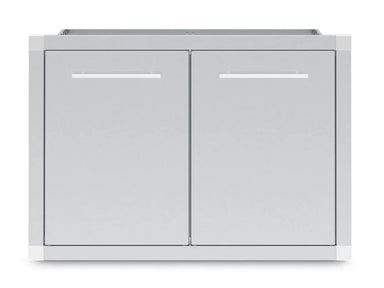 Front view of the Broil King 800210 premium stainless steel double door outdoor kitchen cabinet closed.