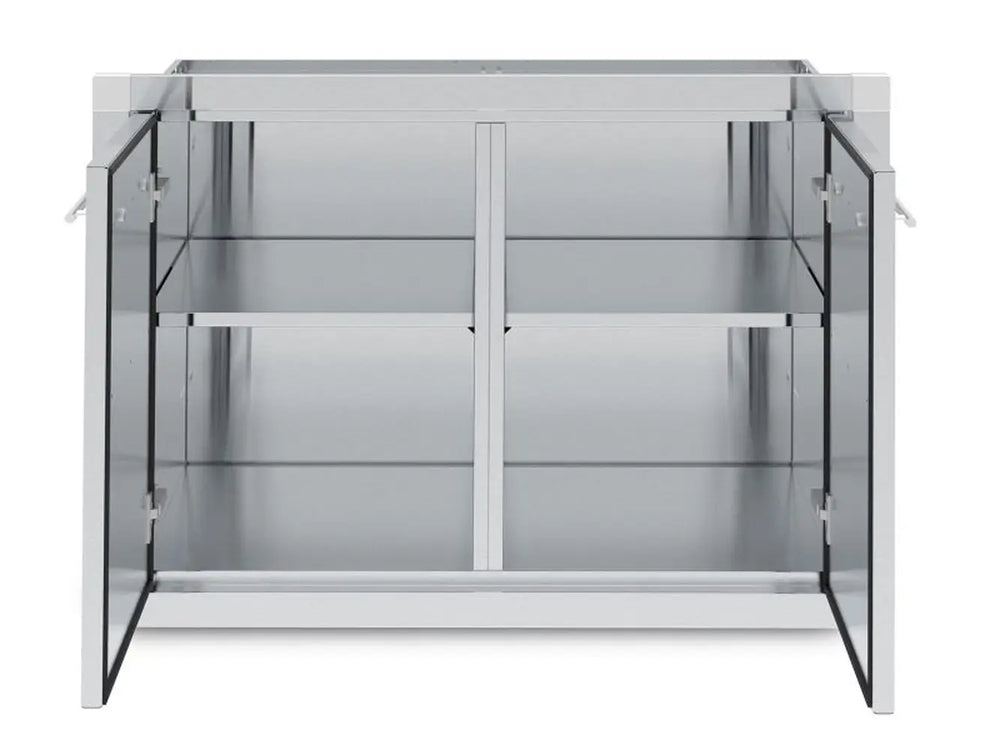 Interior view of Broil King 800210 double door storage assembly showing the adjustable shelving and weather-sealed frame.