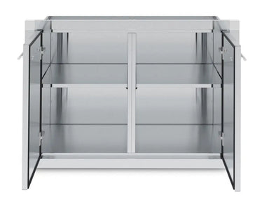 Interior view of Broil King 800210 double door storage assembly showing the adjustable shelving and weather-sealed frame.