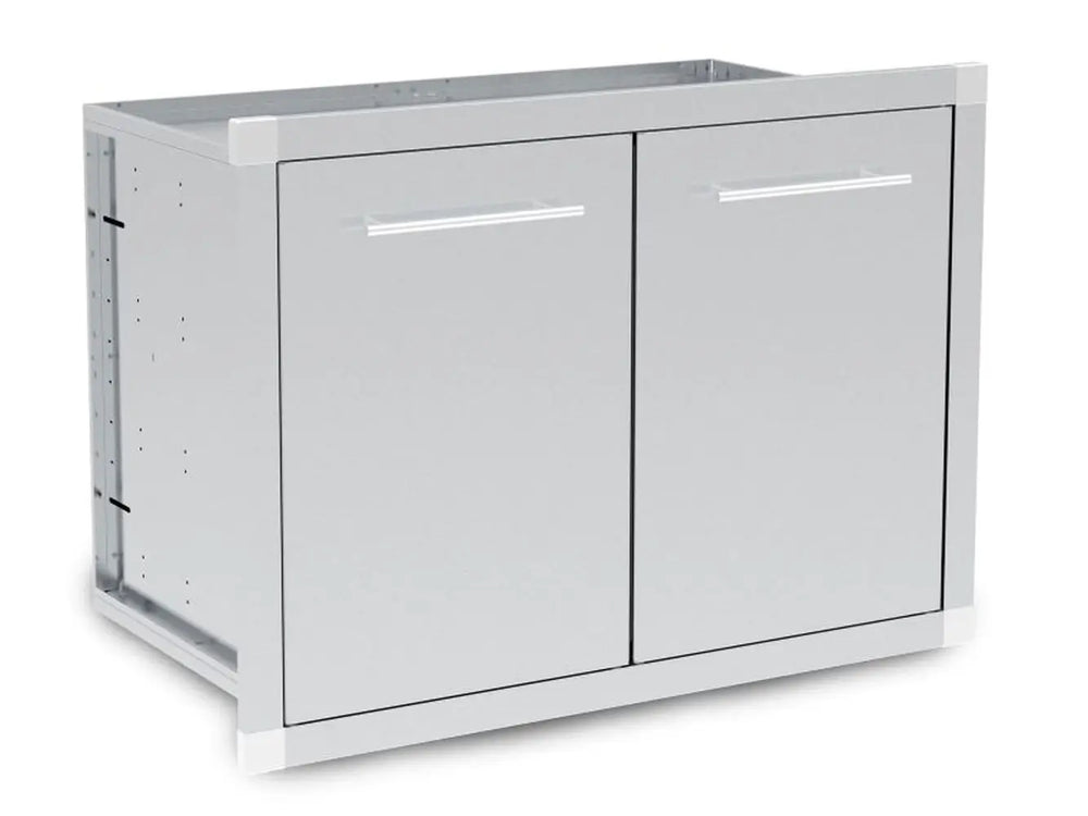 Angled exterior view of the Broil King 800210 stainless steel modular cabinet for outdoor BBQ islands.