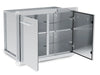 Open double doors of the Broil King 800210 storage assembly highlighting the heavy-duty hinges and internal shelf space.