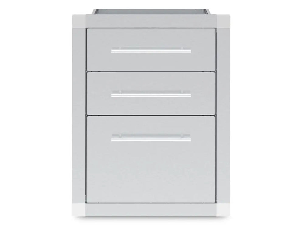 Front view of the Broil King 800510 stainless steel triple drawer storage assembly for outdoor kitchens.