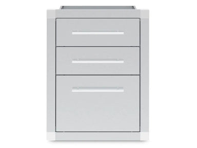 Front view of the Broil King 800510 stainless steel triple drawer storage assembly for outdoor kitchens.
