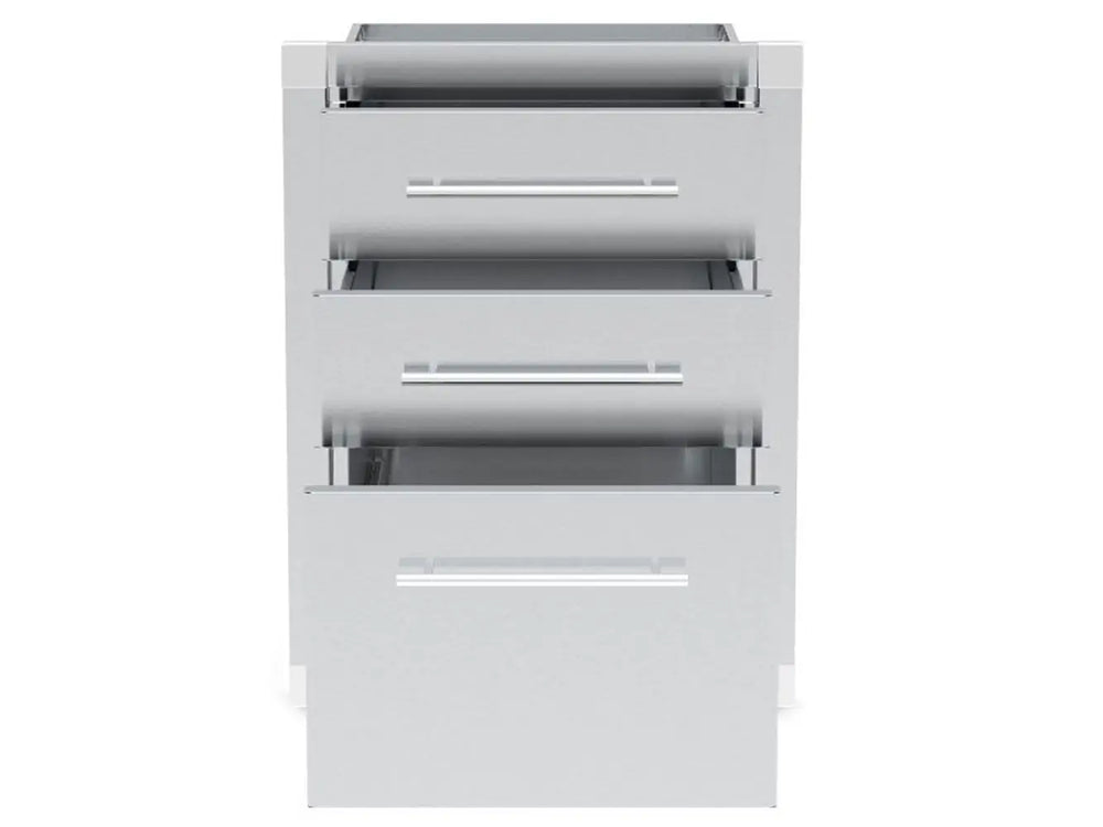 Broil King 800510 triple drawer storage unit with drawers slightly open showing interior depth.