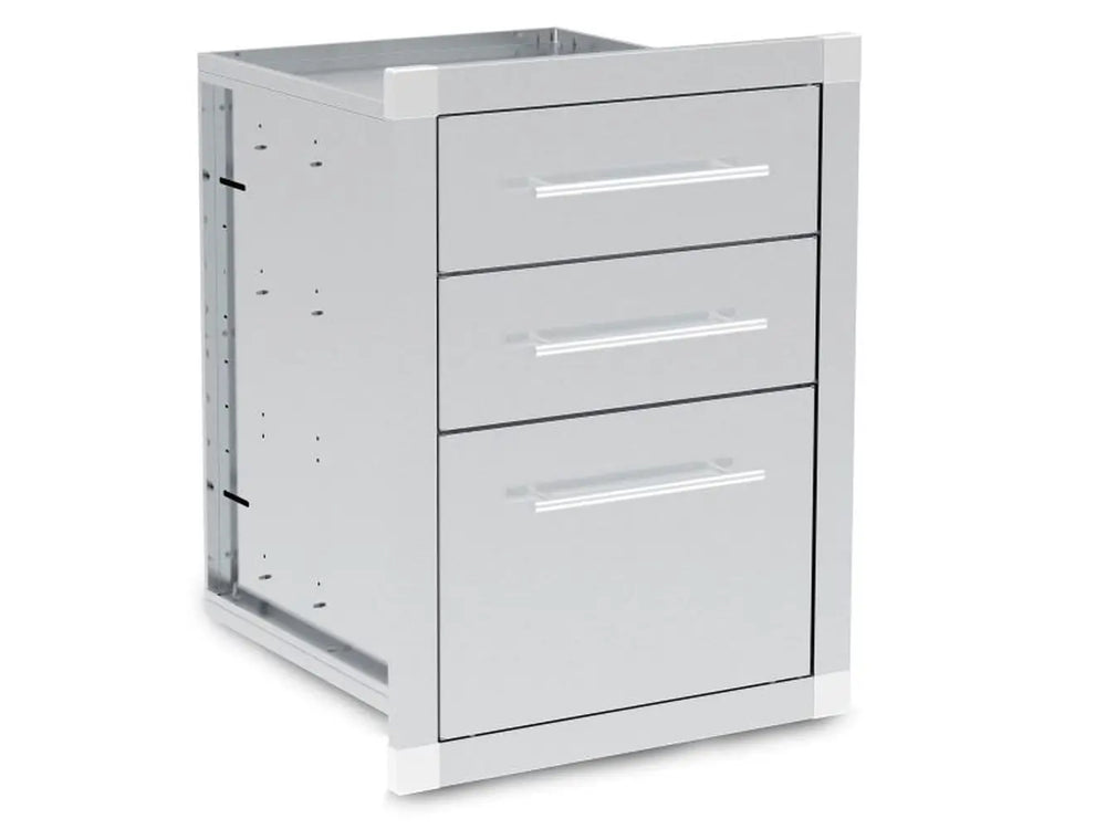 Perspective view of the Broil King 800510 outdoor kitchen triple drawer cabinet showing side mounting holes.