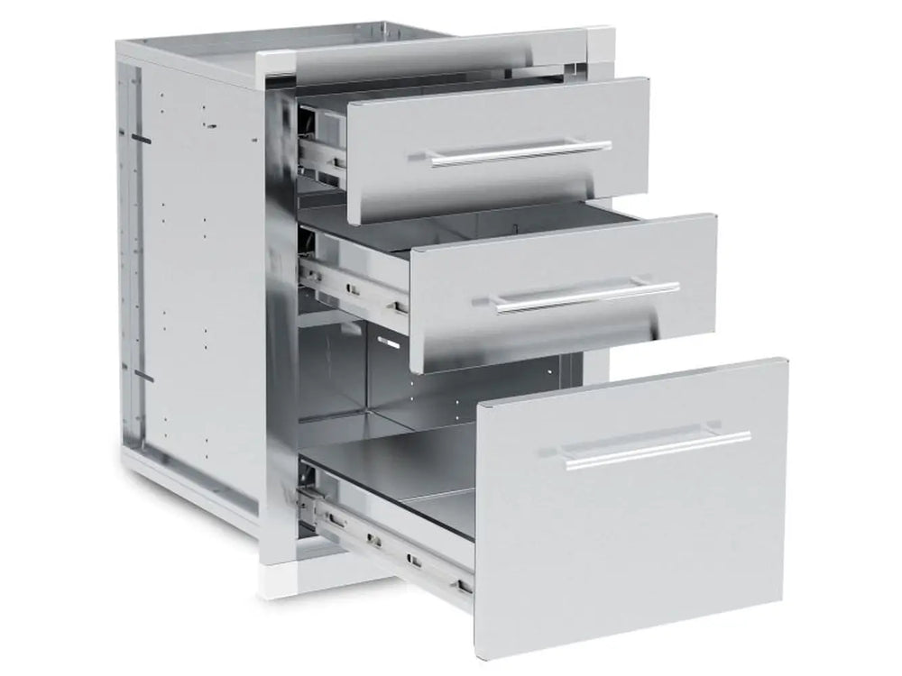 Broil King 800510 stainless steel triple drawer assembly fully extended showcasing heavy-duty ball-bearing slides.