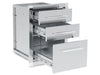 Broil King 800510 stainless steel triple drawer assembly fully extended showcasing heavy-duty ball-bearing slides.
