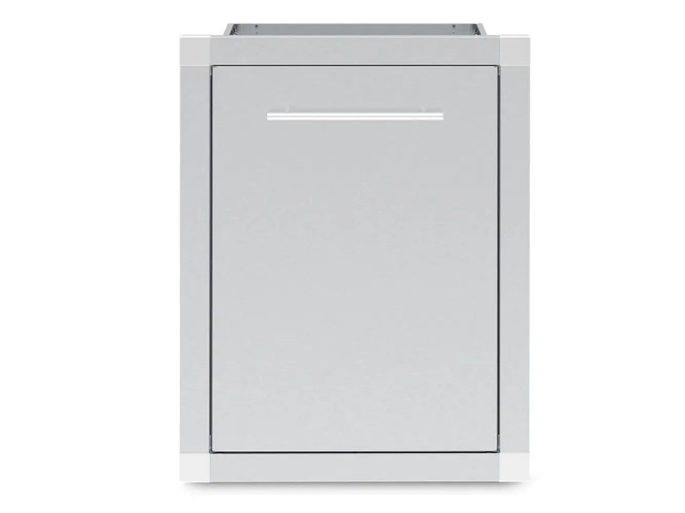 Front view of a Broil King 800810 stainless steel outdoor kitchen waste organizer cabinet with a modern bar handle.