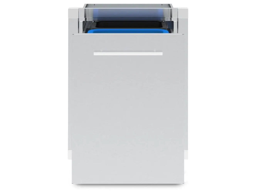 Close-up front view of the Broil King built-in waste drawer slightly open, showing the tops of blue and black recycling bins.