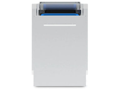 Close-up front view of the Broil King built-in waste drawer slightly open, showing the tops of blue and black recycling bins.