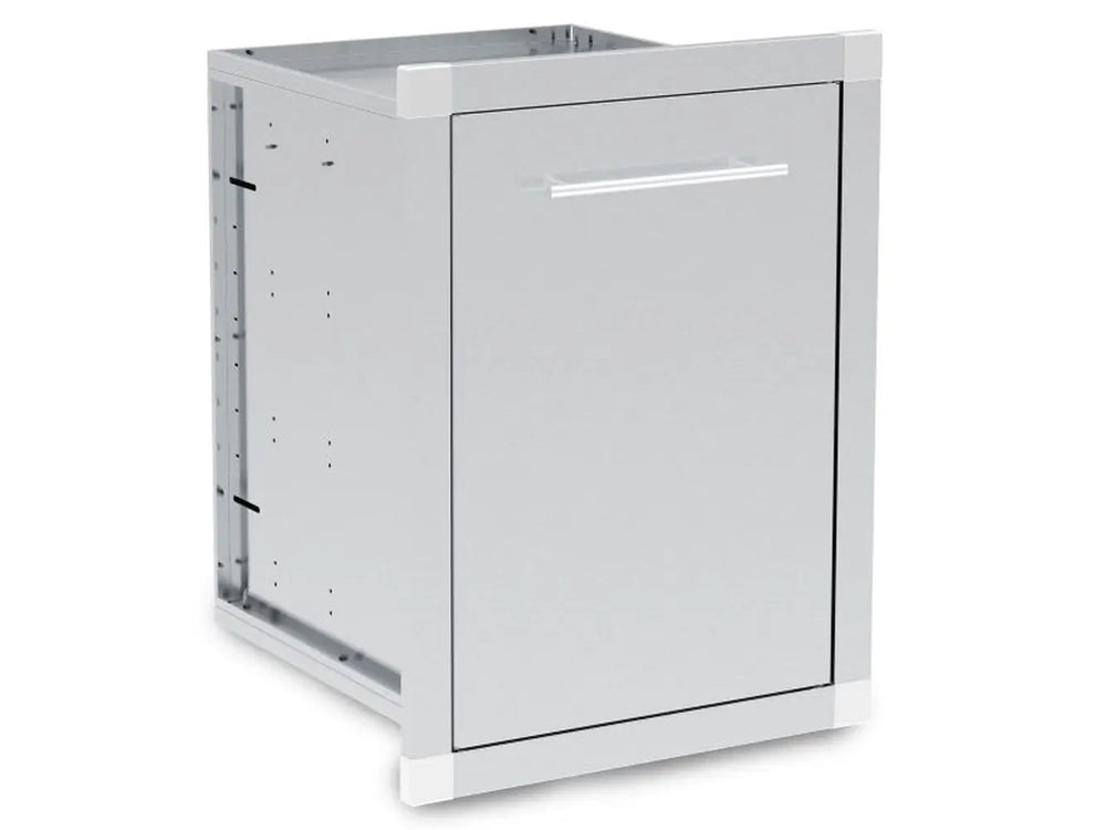Angled perspective of the Broil King 800810 waste organizer storage assembly showing the heavy-duty stainless steel cabinet structure.
