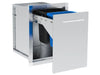 Fully extended Broil King 800810 trash and recycling drawer featuring dual bins on smooth-glide sliders for outdoor kitchens.