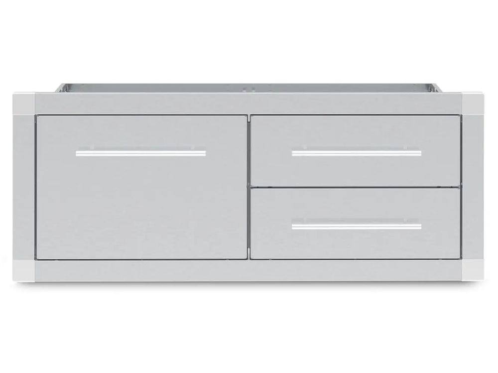 Front view of the Broil King 800910 Premium Stainless Steel Triple Drawer Storage Assembly for outdoor kitchens, featuring a sleek weather-resistant design and three horizontal handles.