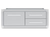 Front view of the Broil King 800910 Premium Stainless Steel Triple Drawer Storage Assembly for outdoor kitchens, featuring a sleek weather-resistant design and three horizontal handles.