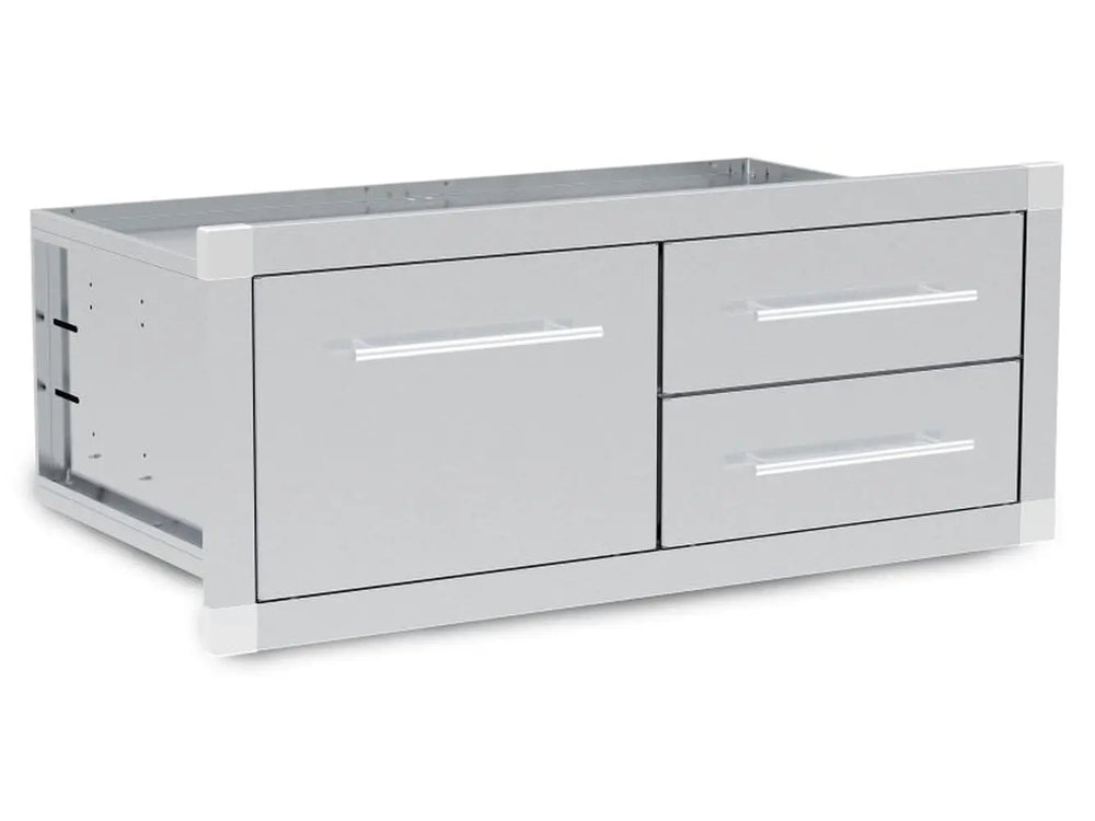 Side perspective of the Broil King 800910 built-in outdoor kitchen triple drawers showing the high-grade stainless steel cabinet chassis and flush-mount mounting frame.