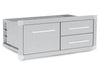 Side perspective of the Broil King 800910 built-in outdoor kitchen triple drawers showing the high-grade stainless steel cabinet chassis and flush-mount mounting frame.