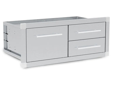 Side perspective of the Broil King 800910 built-in outdoor kitchen triple drawers showing the high-grade stainless steel cabinet chassis and flush-mount mounting frame.