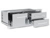 Open view of the Broil King 800910 stainless steel triple drawer unit showcasing the smooth-glide ball-bearing slides and deep storage capacity for BBQ tools and accessories.