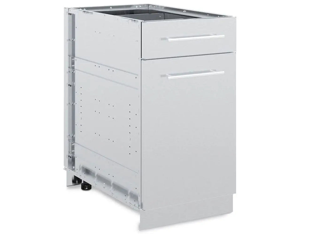Broil King 802300 stainless steel outdoor kitchen cabinet base with one drawer and one door, closed three-quarter view.