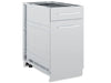 Broil King 802300 stainless steel outdoor kitchen cabinet base with one drawer and one door, closed three-quarter view.