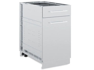 Broil King 802300 stainless steel outdoor kitchen cabinet base with one drawer and one door, closed three-quarter view.