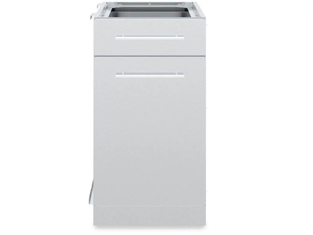 Front profile of the Broil King 802300 stainless steel outdoor island cabinet featuring a slim top drawer and large storage door with sleek handles.