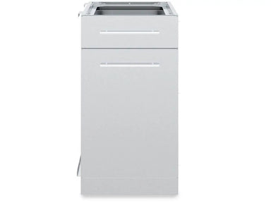 Front profile of the Broil King 802300 stainless steel outdoor island cabinet featuring a slim top drawer and large storage door with sleek handles.