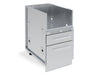 Front angled view of a Broil King 802400 S200 stainless steel burner cabinet with two closed storage drawers for an outdoor kitchen.