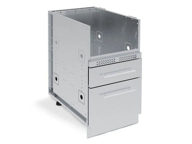 Front angled view of a Broil King 802400 S200 stainless steel burner cabinet with two closed storage drawers for an outdoor kitchen.