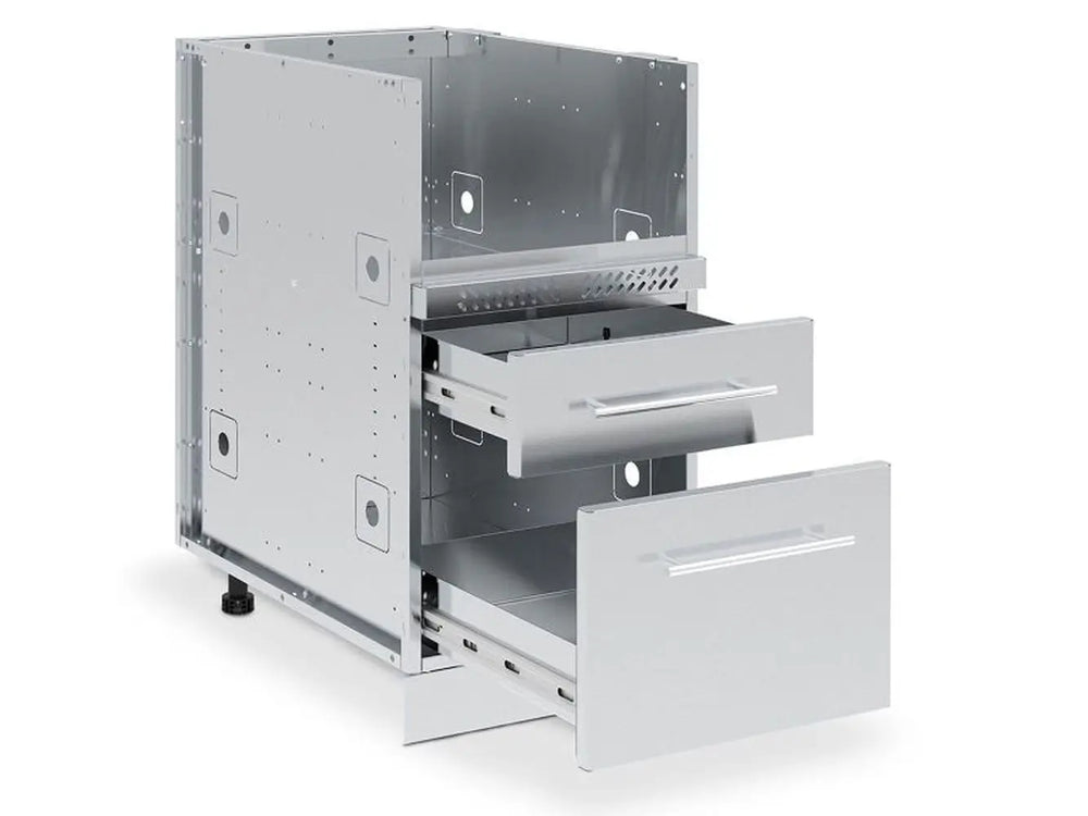 Broil King 802400 S200 outdoor kitchen cabinet with two stainless steel drawers pulled open to show storage depth and sliding mechanisms.