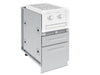 Broil King 802400 S200 stainless steel storage cabinet shown with a side burner unit installed on top to demonstrate outdoor kitchen functionality.