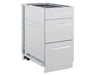 An exterior, three-quarter view of the Broil King 802500 stainless steel 3-drawer cabinet storage base with all drawers closed, showing the modern handles and modular frame construction.