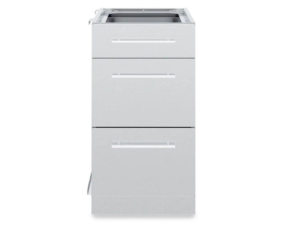 A direct front-facing view of the Broil King 802500 3-drawer cabinet storage base, displaying the clean stainless steel finish, symmetry, and bar handles.