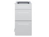 A direct front-facing view of the Broil King 802500 3-drawer cabinet storage base, displaying the clean stainless steel finish, symmetry, and bar handles.