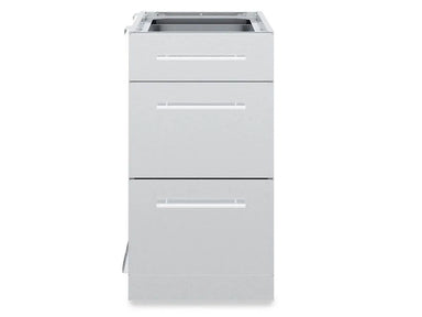 A direct front-facing view of the Broil King 802500 3-drawer cabinet storage base, displaying the clean stainless steel finish, symmetry, and bar handles.