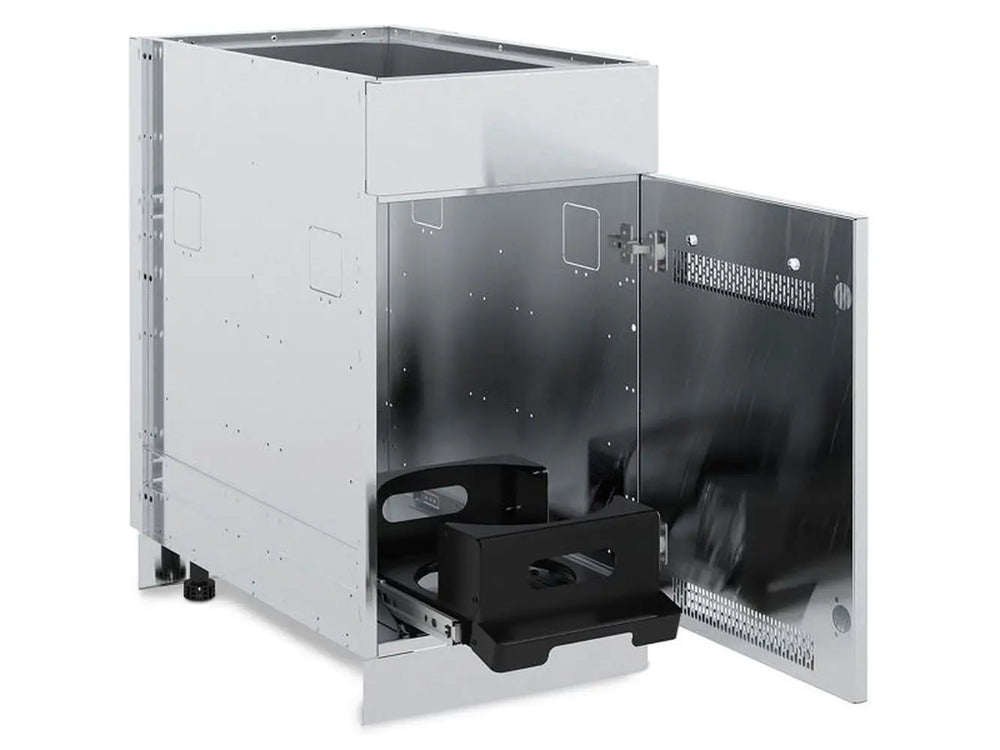 Interior of Broil King 802700 tank side burner cabinet with door open revealing the integrated slide-out propane tank drawer.