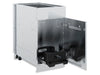 Interior of Broil King 802700 tank side burner cabinet with door open revealing the integrated slide-out propane tank drawer.