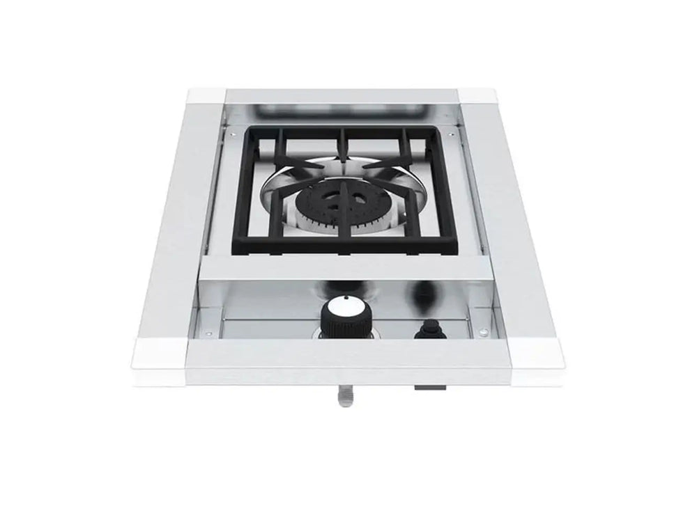Top-down view of the Broil King Imperial S100 single side burner featuring a stainless steel frame and heavy-duty cast iron grate.