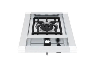 Top-down view of the Broil King Imperial S100 single side burner featuring a stainless steel frame and heavy-duty cast iron grate.