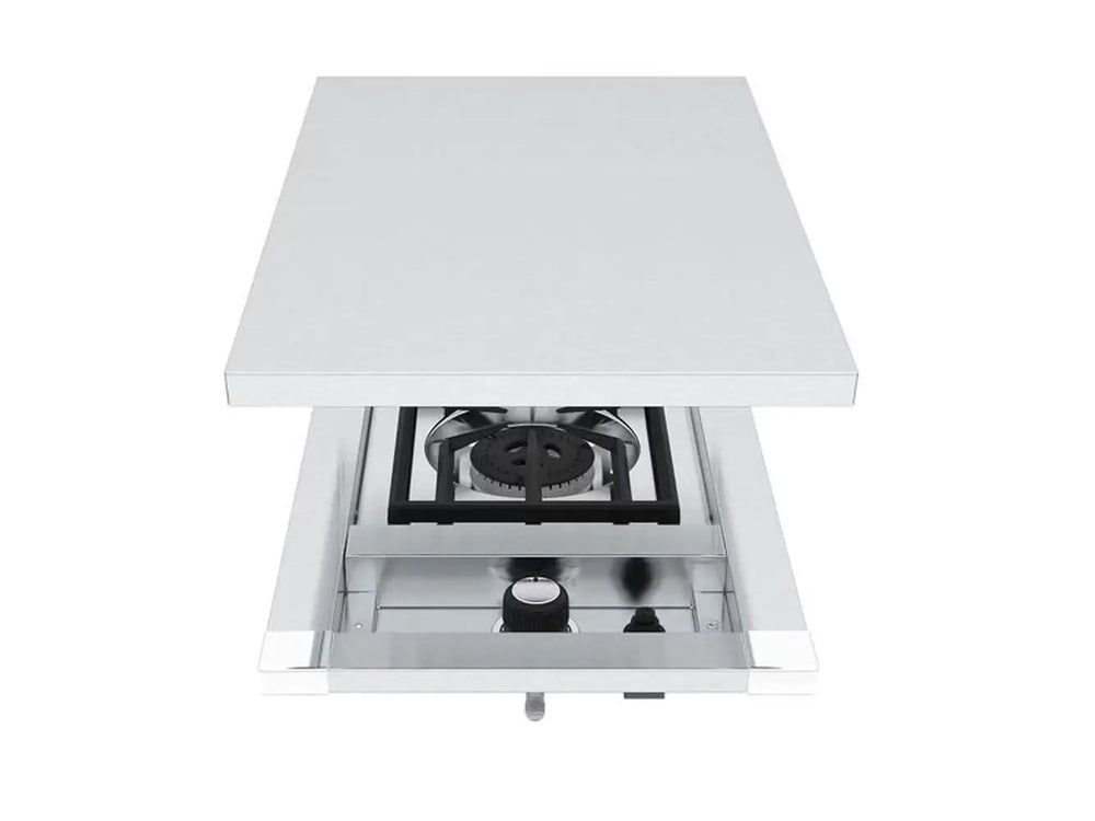 Broil King Imperial S100 built-in side burner with its matching stainless steel protective cover shown directly above.