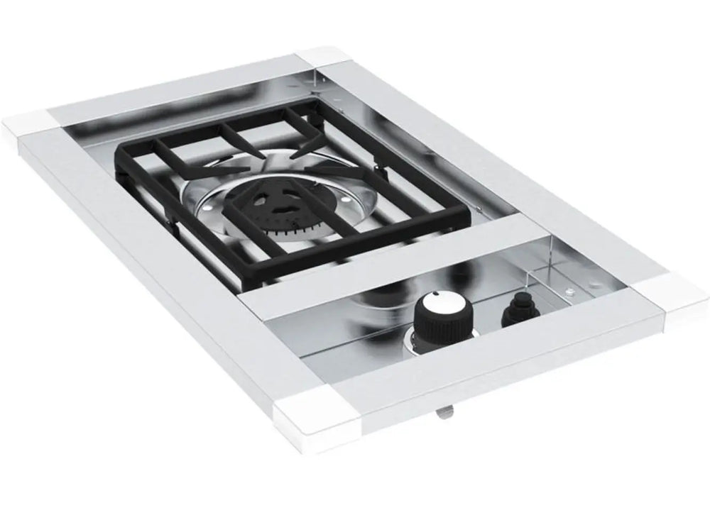 Perspective view of the Broil King Imperial S100 single side burner showing the sleek built-in design for outdoor kitchens.