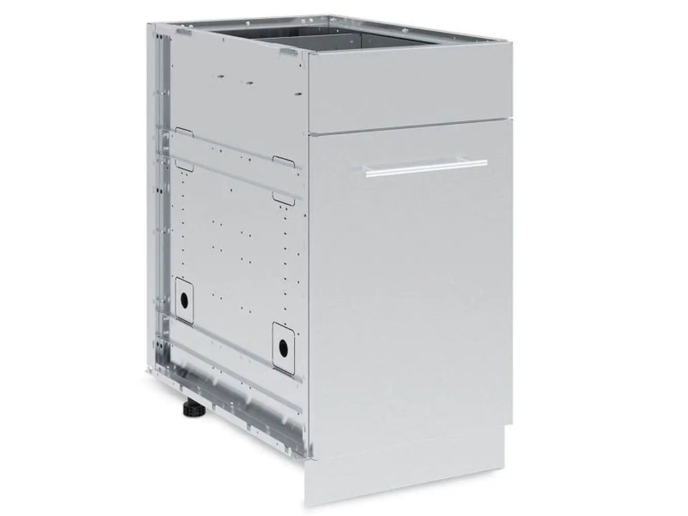 Side perspective of the closed Broil King 802800 waste organizer cabinet showing the durable stainless steel construction and pre-drilled mounting holes for easy installation.