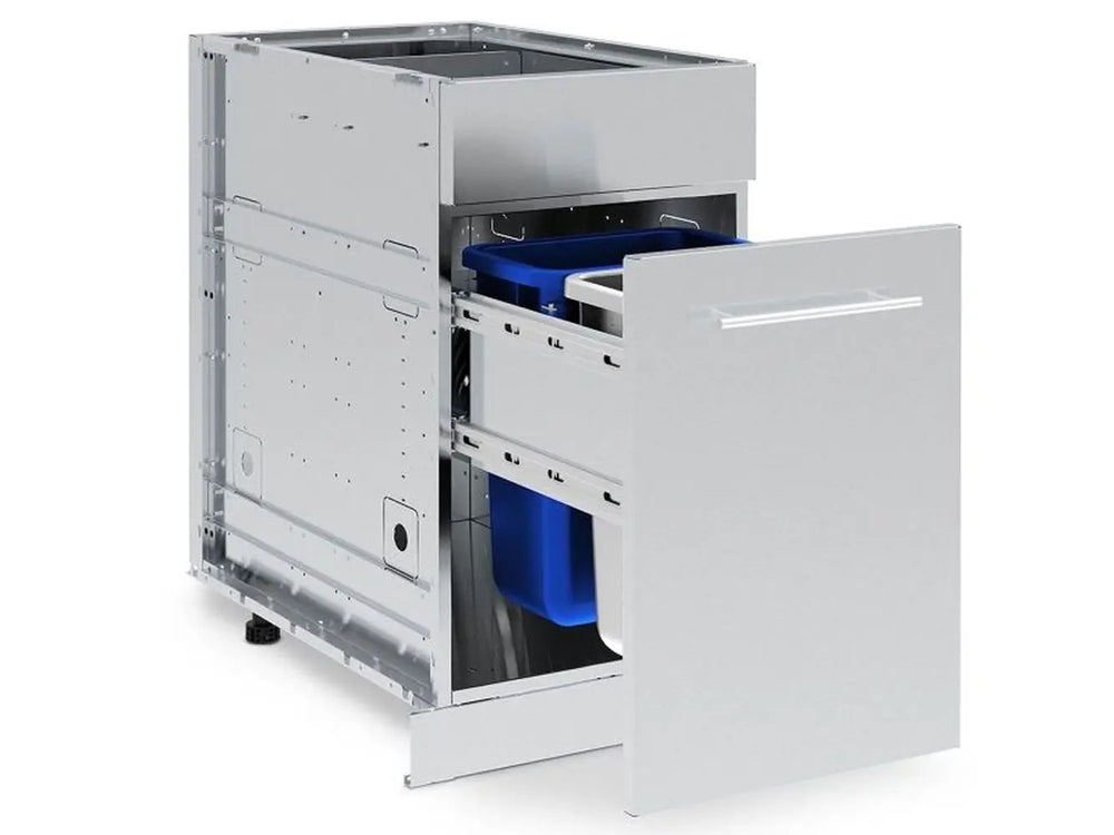 Broil King 802800 waste organizer drawer partially open, revealing the dual bin system with a blue recycling container and a stainless steel trash bin.