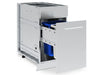 Broil King 802800 waste organizer drawer partially open, revealing the dual bin system with a blue recycling container and a stainless steel trash bin.